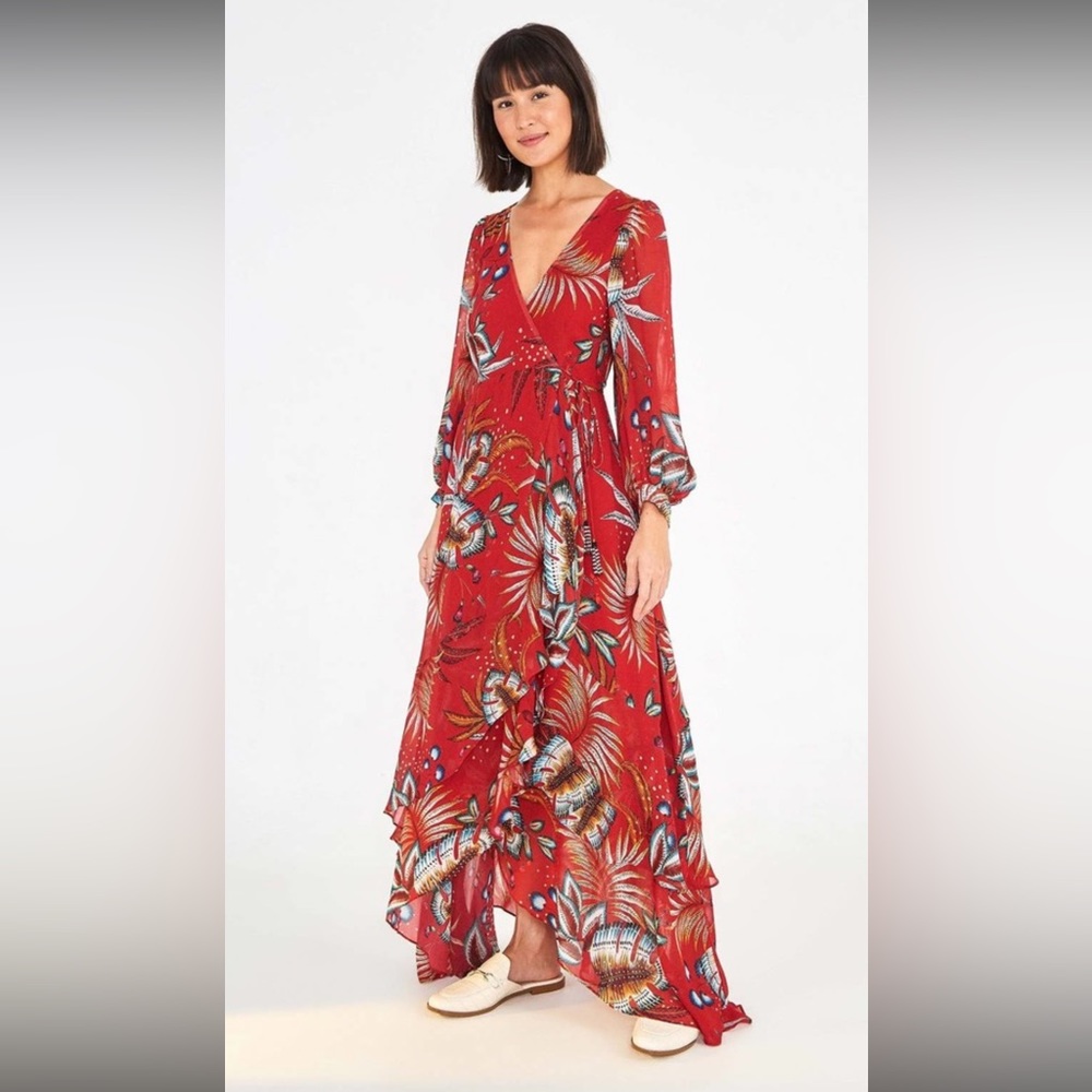 Farm Rio Winter Leaf Maxi Dress In Red Multi color
